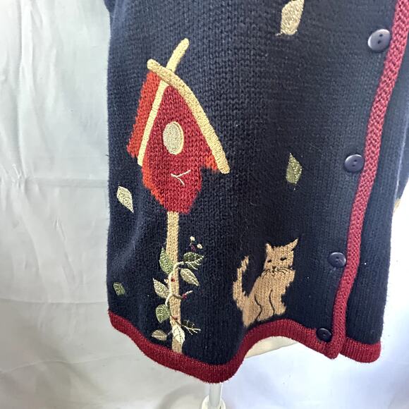 Christopher & Banks Sweater Vest Navy size medium Cat Birds fall leaves - Picture 11 of 12